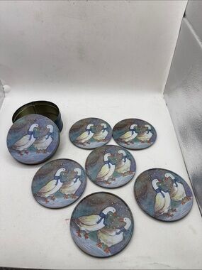 Vtg JSNY Snow Geese Duck Coaster Set 6 Tin Holder Blue Cork Cottage Farm
